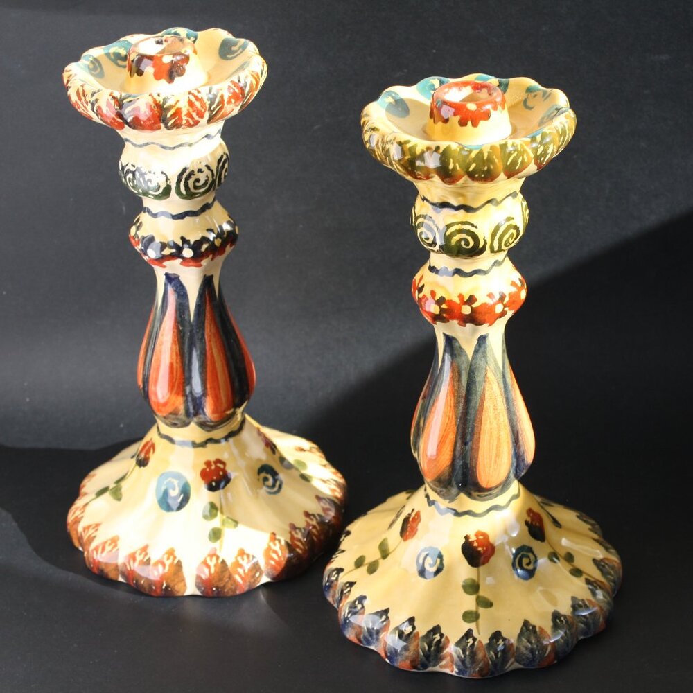 Set of 2 Large Candlestick Holders Handpainted Made in Italy Firenze Decor